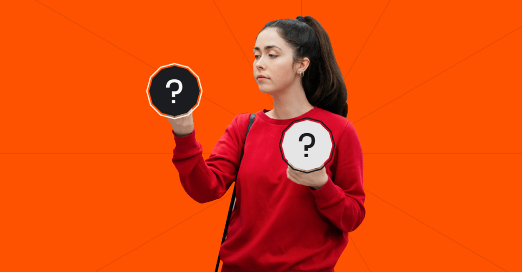 A woman in a red jumper holding two octagonal signs with question marks on them, set against a bright orange background with subtle radial lines