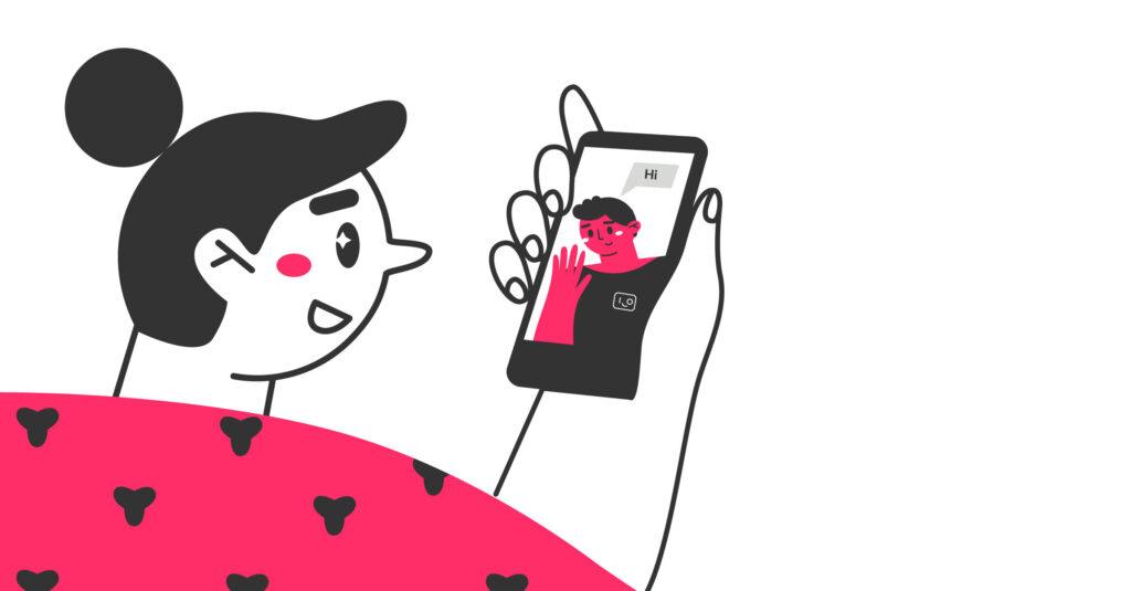 Illustration woman looking at man on smart phone