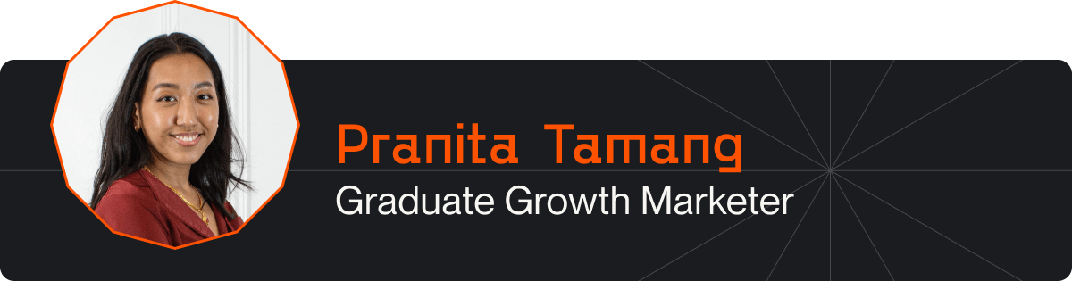 Pranita's photo with her name and job role on the side, in front of a black background.