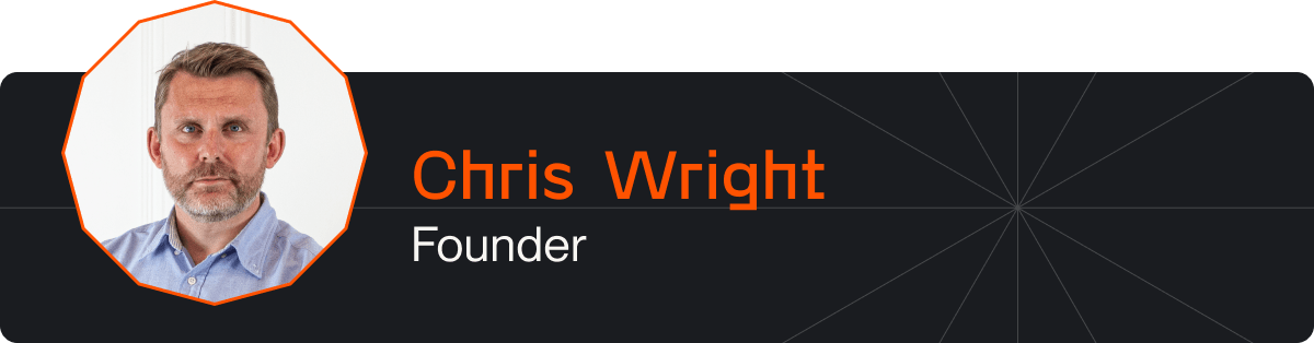 Audio card - image of Chris with his name and job title on a black background.