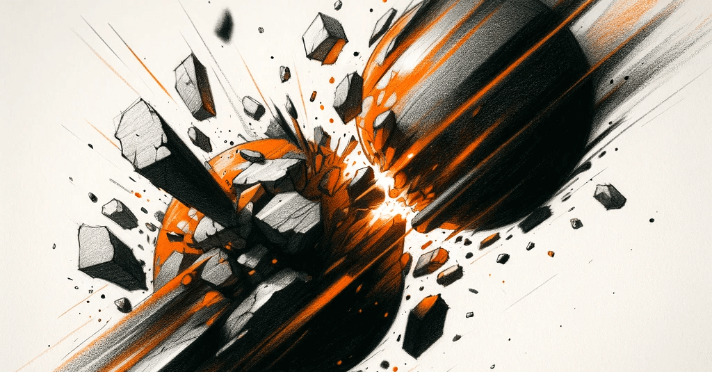 Abstract of 2 objects colliding with a significant impact, displaying a battle.