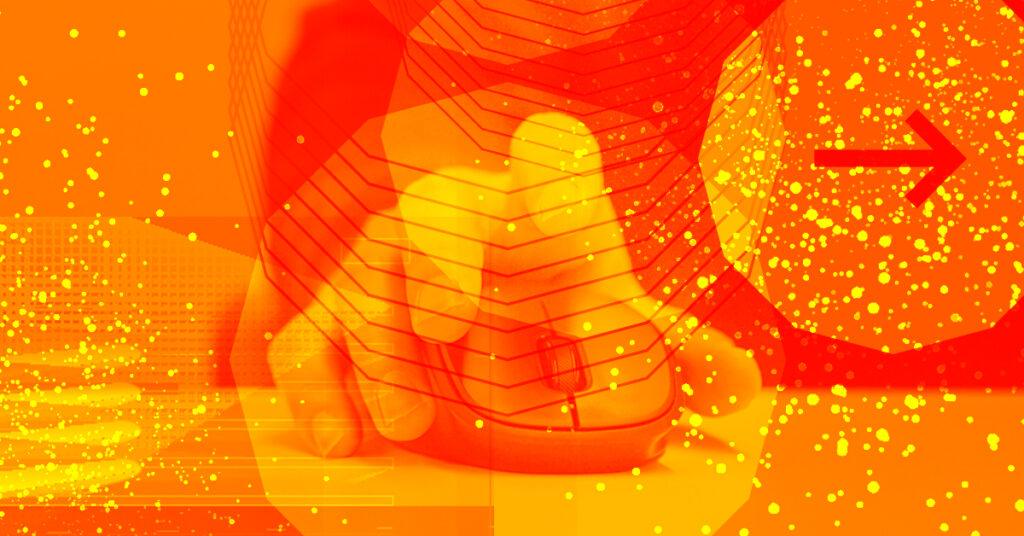 Close-up of a hand using a computer mouse with the text 'Is AI Killing Search?' on an orange futuristic digital background