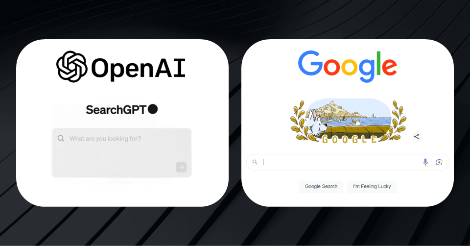 Comparison of OpenAI's SearchGPT and Google's search interface with the focus keyword 'Is AI Killing Search?'