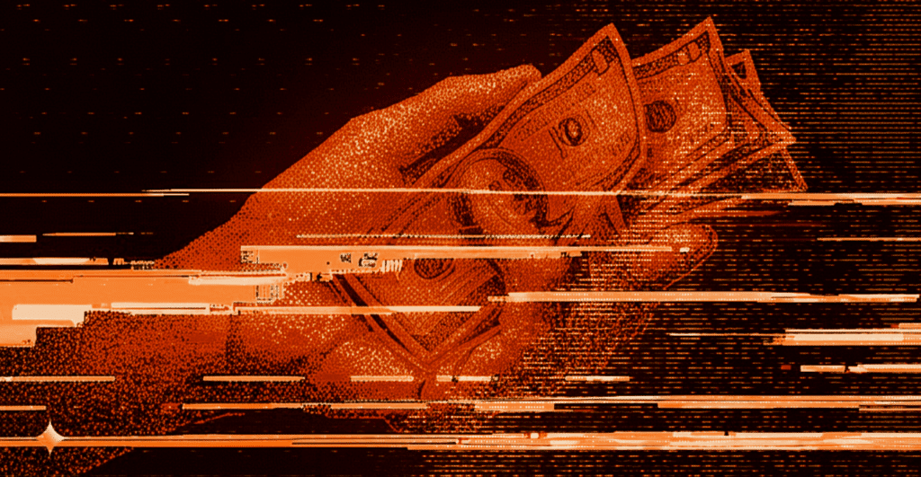 a handful of dollar bills with an orange glow.