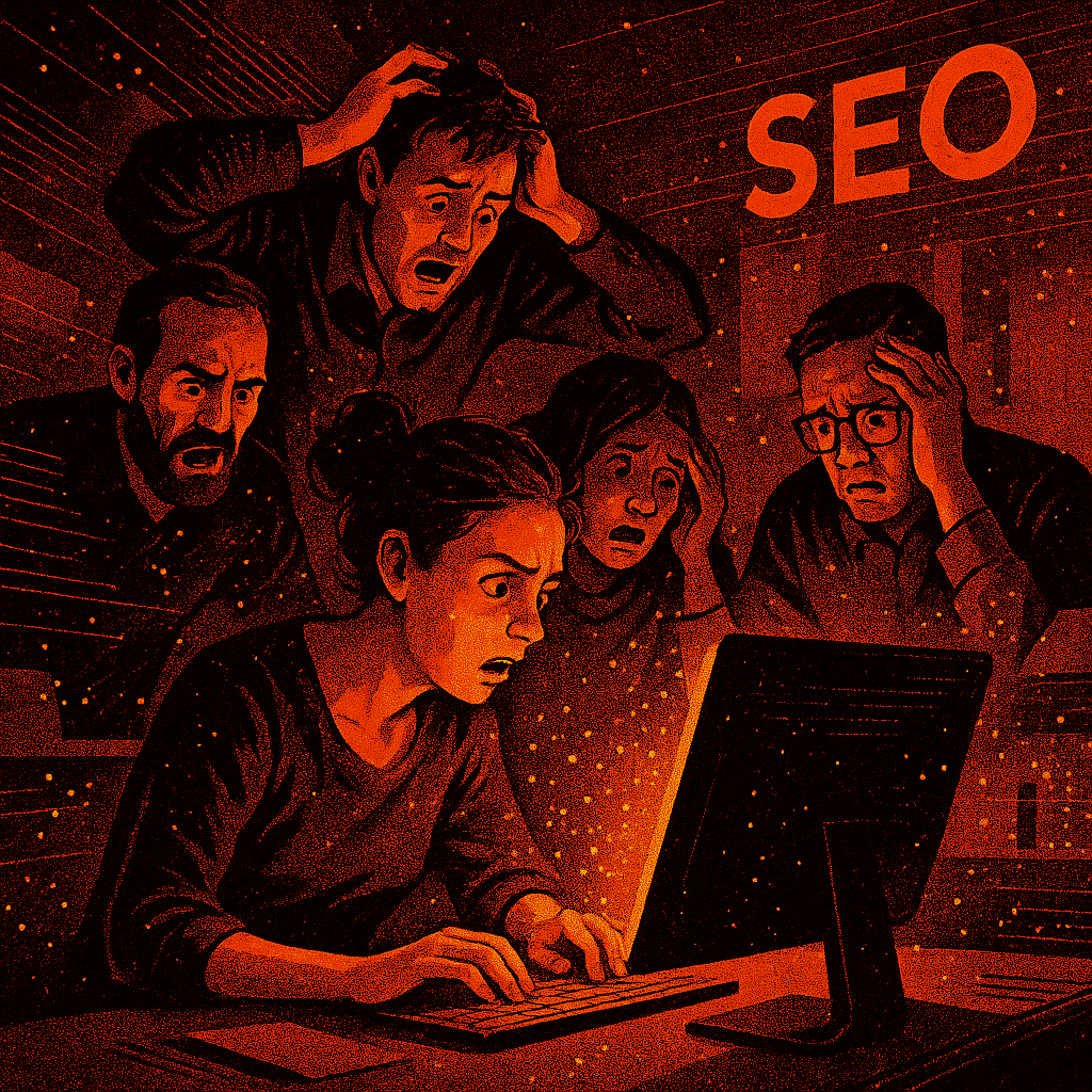 SEO team crowded arond a computer, looking shocked and amazed