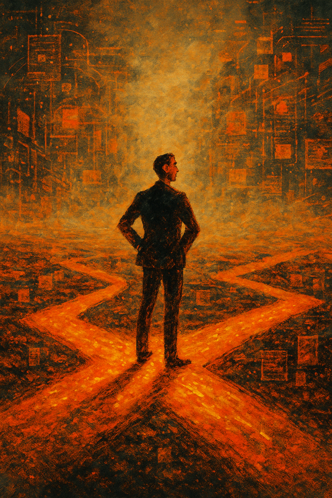 Man standing at a crossroads with the impression of tech tools all around.