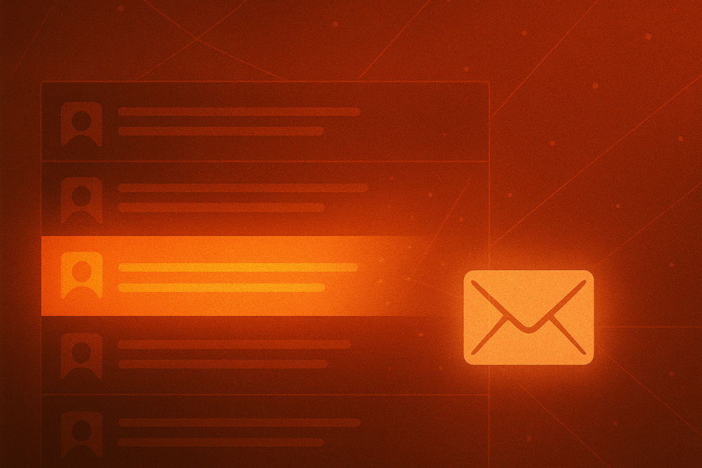 A glowing email row stands out in a red-orange inbox interface, with a bright envelope icon beside it.