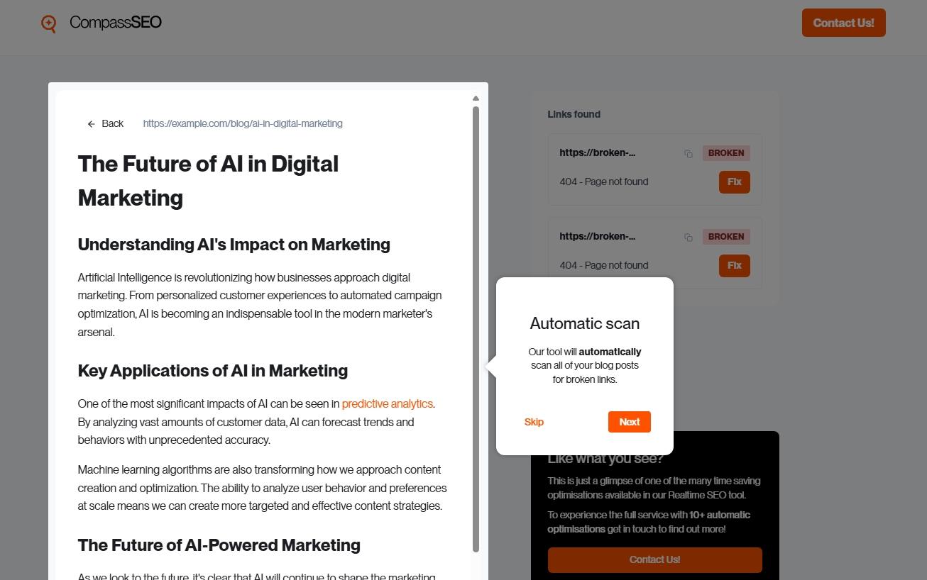 The broken link checker is a big part of our Compass SEO automation tool