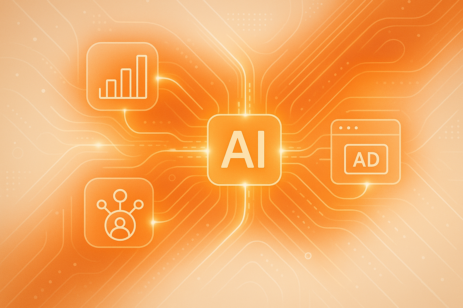 Abstract AI integration in marketing agencies with data flow and marketing icons